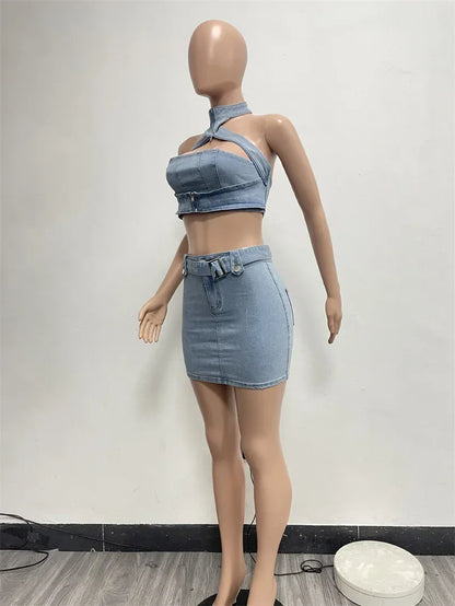 Sexy Denim Two Piece Set Women Y2K Clothes Zipper Halter Hollow Out Backless Crop Top and Mini Skirt Club Party Matching Sets
