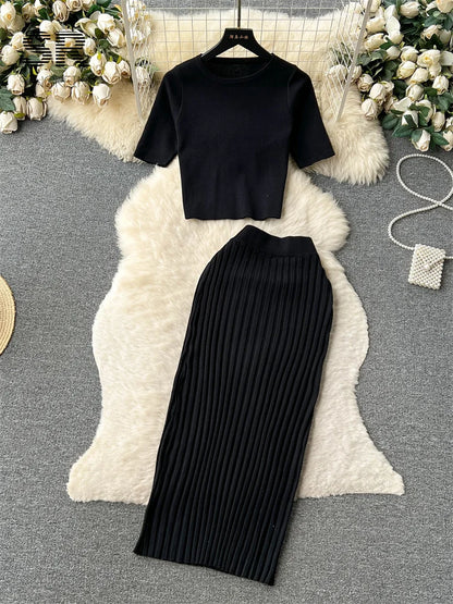 SINGREINY Casual Two Piece Sets Women Summer O Neck Top Elastic Waist Long Skirt Fashion Office Lady Korean Knit Suit