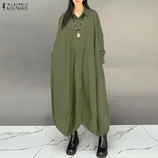 ZANZEA Women's Oversized Jumpsuits Collared Long Sleeves Button Up Drop-Crotch Harem Pant Overalls Casual Streetwear Playsuits