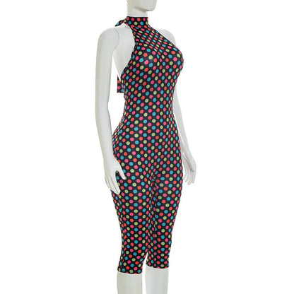 FAGADOER Fashion Color Dot Printing Bodycon Jumpsuits Woman Halter Sleeveless Backless Rompers Female Streetwear Overalls 2026