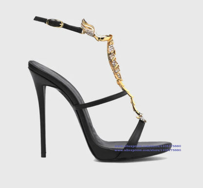Gold Scorpion T-Strap Sandals Round Toe Stiletto Heels Women's High Heels Elegant Party Dress Shoes Sandalias De Mujer Verano