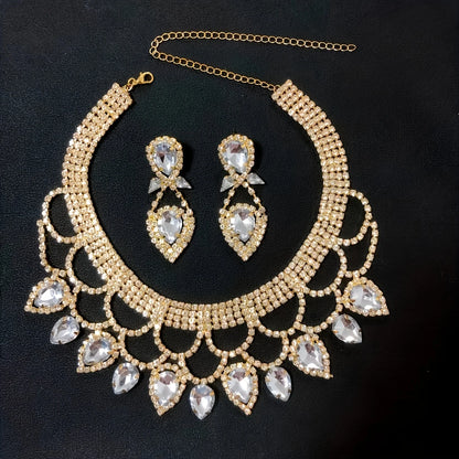 Fashionable Ladies' Exaggerated and Exquisite Handmade Rhinestone Necklace Earring Set, Bride's Dance Dress Jewelry Accessories