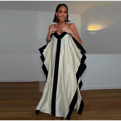 Contrast Black Trim Satin Cami Maxi Dress Deep V Neck Loose Flowy Ruffle Hem Lady Long Gown 2026 Summer Formal Vacation Dresses