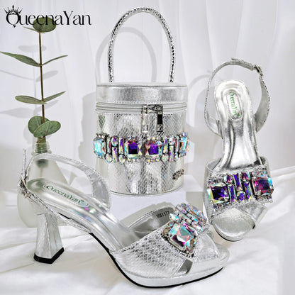 Queena Yan Newest Sweet Style Pink Color High Heels With Colourful Bucket Bag Fashionable Womens Footwear And Accessories Set