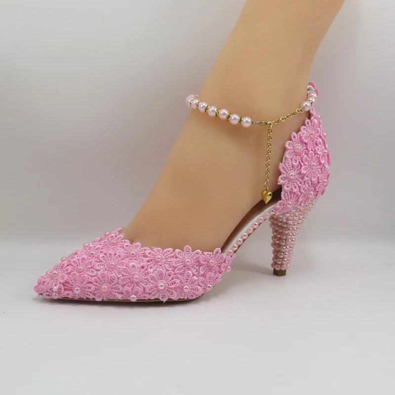 AB Pink Pearl Flower Wedding Shoes With Matching Bags High Heels Pointed Toe Ankle Strap Ladies Party Shoe and Bag Set
