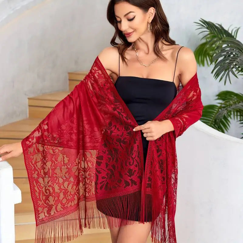 Female Breathable Floral Lace Long Scarf Tassel Fringe Shawl Wrap Flower Headscarf Muslim Hijabs Scarfs Women Headband Bandana