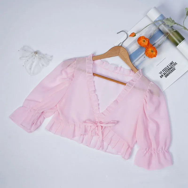 Spring, Summer, and Autumn Chiffon Lace Up Shirt, Shawl, Camisole, Thin Design, Sexy Solid Color, Loose Fit, Sweet Matching, Wed