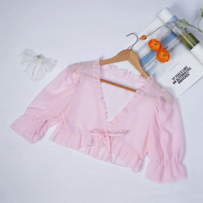 Spring, Summer, and Autumn Chiffon Lace Up Shirt, Shawl, Camisole, Thin Design, Sexy Solid Color, Loose Fit, Sweet Matching, Wed