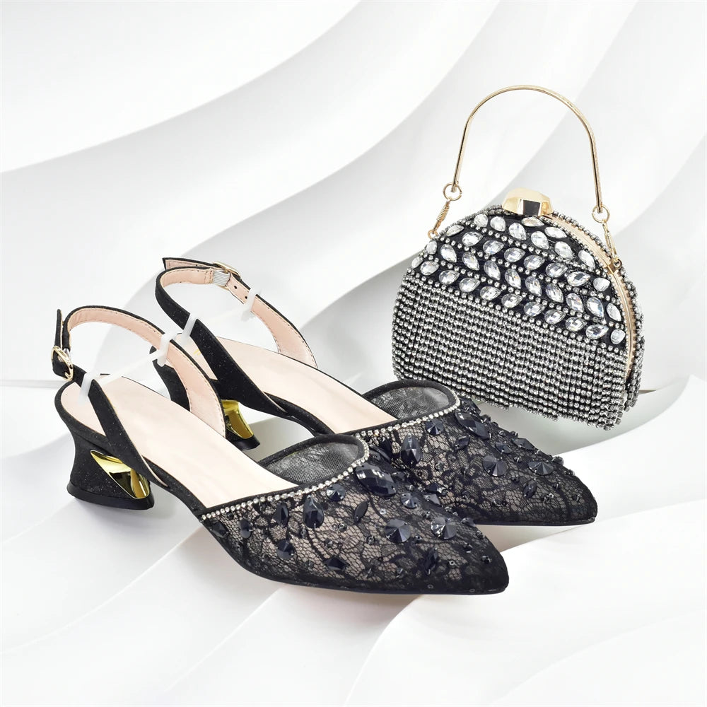 New Arrival African Wedding Shoes and Bag Set with Rhinestone Italian Design Shoes with Matching Bags Nigerian Lady Party Pumps