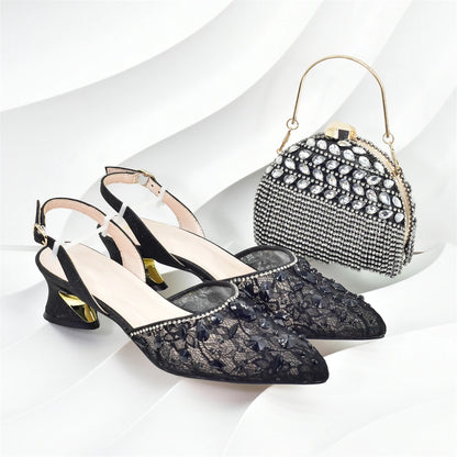 New Arrival African Wedding Shoes and Bag Set with Rhinestone Italian Design Shoes with Matching Bags Nigerian Lady Party Pumps