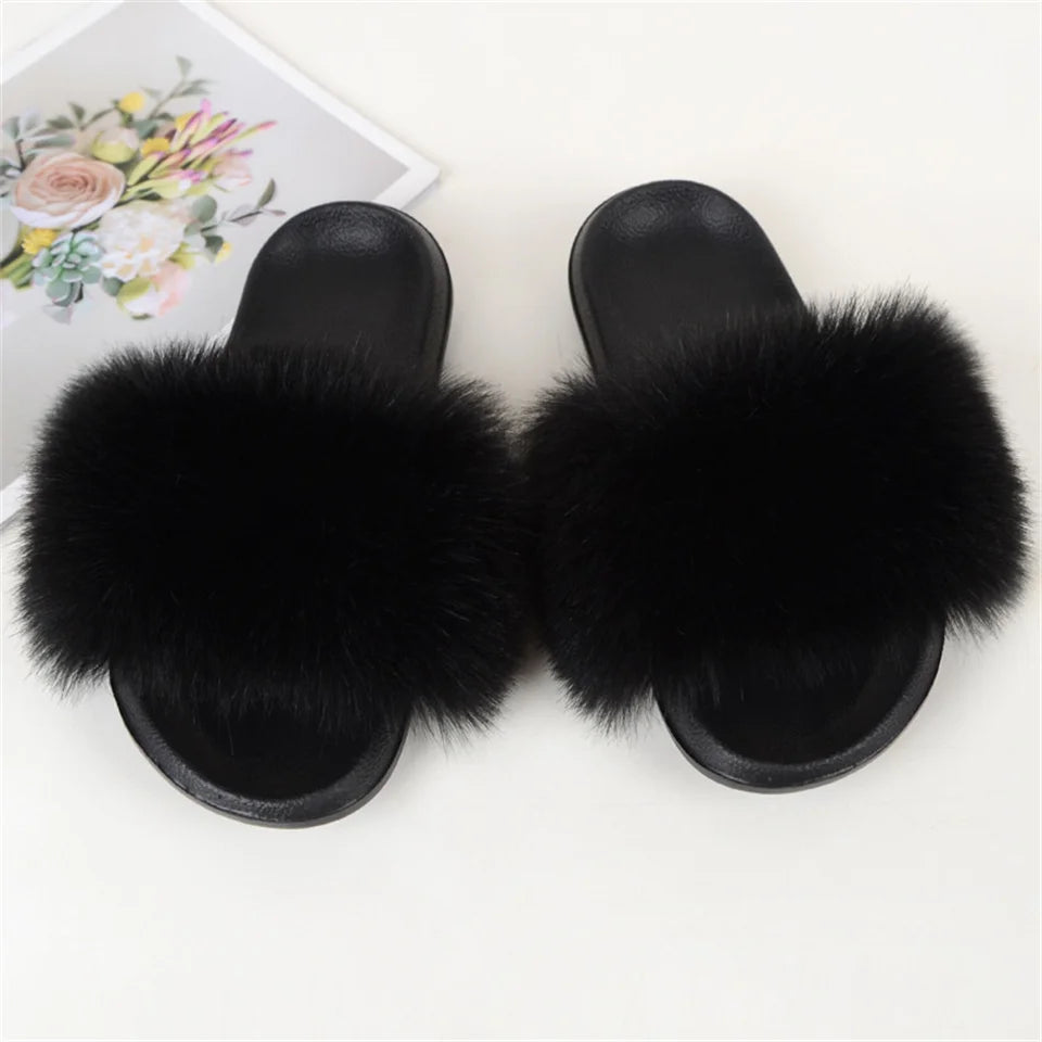 Women's Summer Faux Fur Fox Fur Slippers Fashion Luxury Indoor and Outdoor Non-Slip Solid Color Flat Bottom Furry Sandals