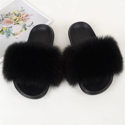Women's Summer Faux Fur Fox Fur Slippers Fashion Luxury Indoor and Outdoor Non-Slip Solid Color Flat Bottom Furry Sandals
