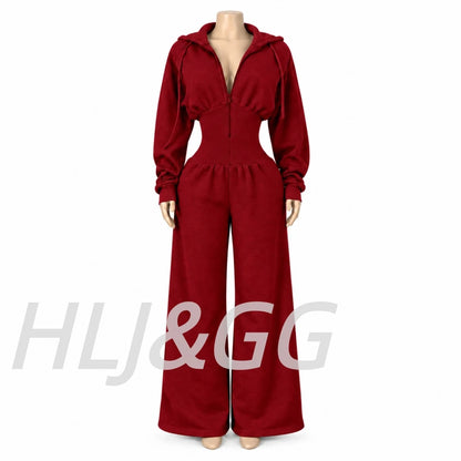 HLJ&GG Autumn Light Fleece Hooded Wine Leg Pants One Piece Jumpsuits Women Zipper Long Sleeve High Waist Sweat Sport Sportswears