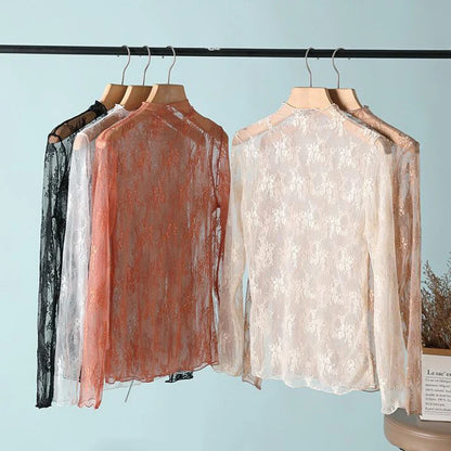 Sexy Women Mesh T-Shirts Transparent Lace Blouse Long Sleeve See Through Tops For Women Bottoming Shirt Sheer Tees Body Crop Top