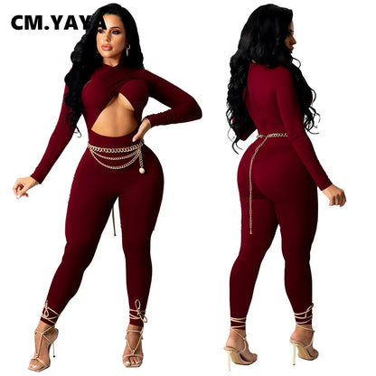 CM.YAYA Women Hollow Out Cross Sexy Party Clubwear Long Sleeve Jumpsuits 2024 Winter Autumn Street Crop One Piece Suit Rompers