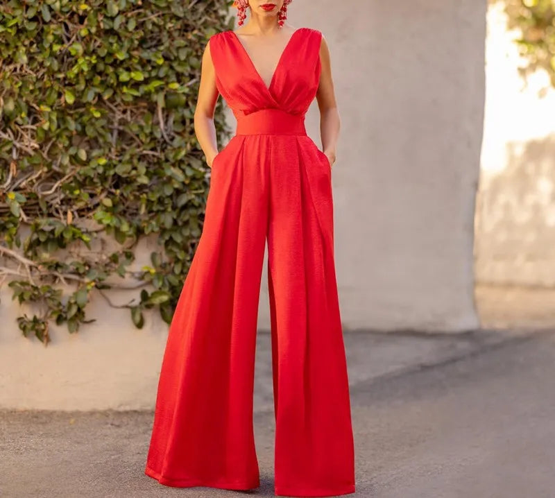 2026 Women's Elegant Jumpsuits Summer Sexy Deep V Slim High Waist Jumpsuits Fashion Sleeveless Wide Leg Rompers Female Overalls