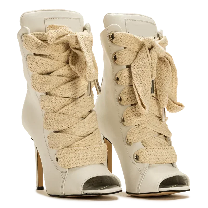Peep Toe Corss Tied Patchwork Ankle Boots Sexy Square Toe Thick Heel New Arrivals Fashion Women Runway Shoes