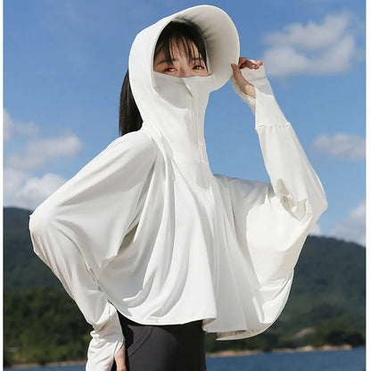 Solid Color Sunscreen Hoodie Long Sleeve Large Brim Hat Summer Sunscreen Shawl Thin Arm Sleeves Ice Silk Short Jacket Running