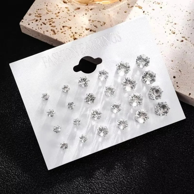 New 12 Pair Pack White Shiny Wedding Stud Earrings Set For Women Men Crystal Rhinestone Earrings Party Jewelry Accessories Gifts