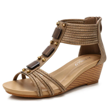High quality leather flat sandals for women 5cm mid heel with beading summer 2026 36 42 open toe casual vintage shoe black beige