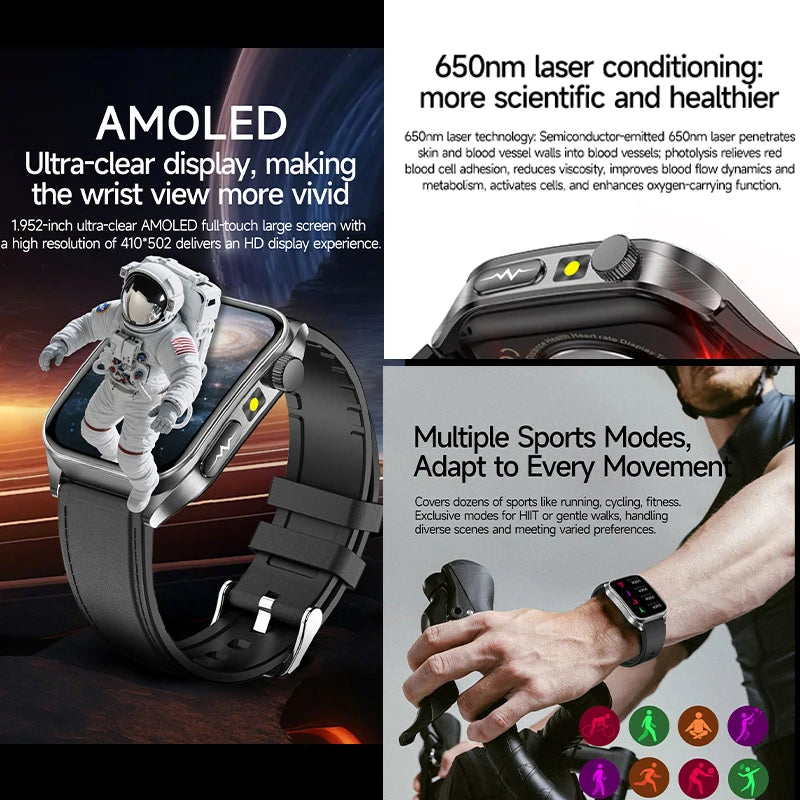 2026 New 650nm Laser Medical Grade Health Smartwatch Men ECG Blood Pressure Lipid Bluetooth Call Smart Watch For Android IOS