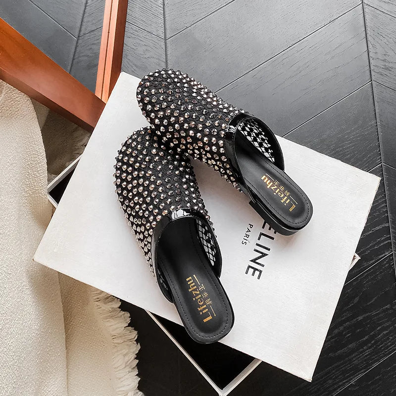 Summer Shoes for Women Slippers Luxury Rhinestone Rivets Casual Sandals Mesh Slip-on Loafers