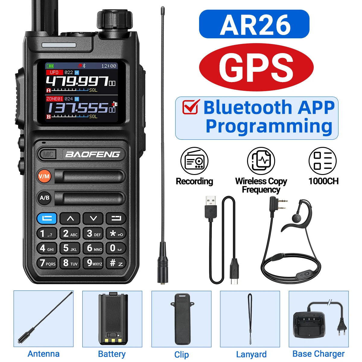 Baofeng AR-26 GPS Walkie Talkie Multi-Band Long Range Wireless Copy Frequency Air Band NOAA Type-C Charger For Camping Ham Radio