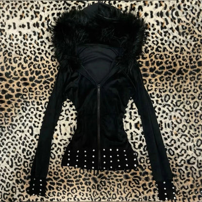 Women's 2025 Gothic Aesthetic Autumn Winter Fur Collar Hoodie Casual Slim Chic Design Cardigan Sweatshirt 2000s Harajuku Clothes