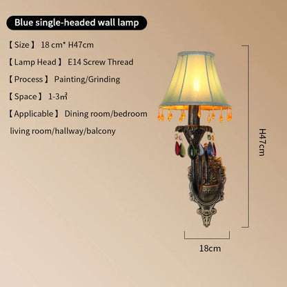 Retro American European Iron Art Red Cloth Crystal Wall Lamp for Hall Restaurant Bedroom Walkway Hotel Bar Decorative Wall Light