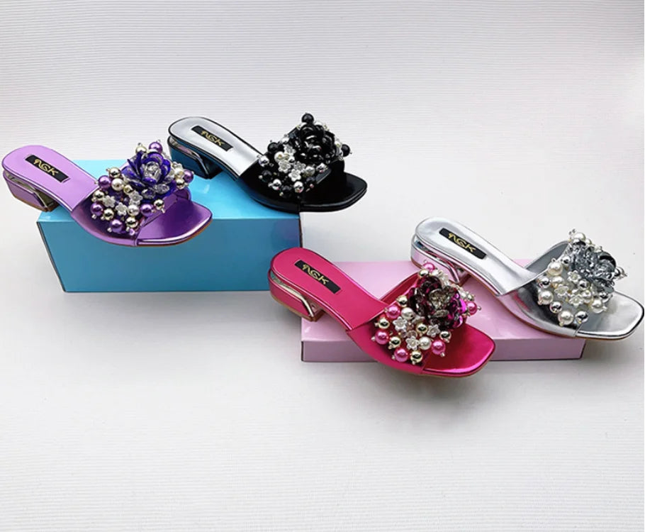 Women Purple Block Heels 3cm Slippers To Match Shoes And Bag Crystal Flowers High Heeled Slides For Summer Fashionable Shoes 43