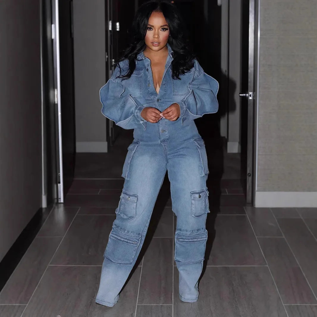 Jumpsuits Women Overalls Denim Spliced Long Sleeve Ruffles Rompers Pockets Streetwear Solid Jumpsuit Straight Pants Jeans Y2k