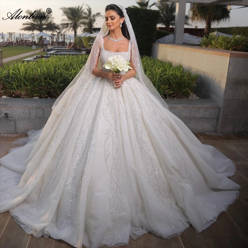 Alonlivn Custom Made Full Of Beading Embroidery Square Collar Wedding Dresses Delicate Lace Ball Gown Bridal Gowns