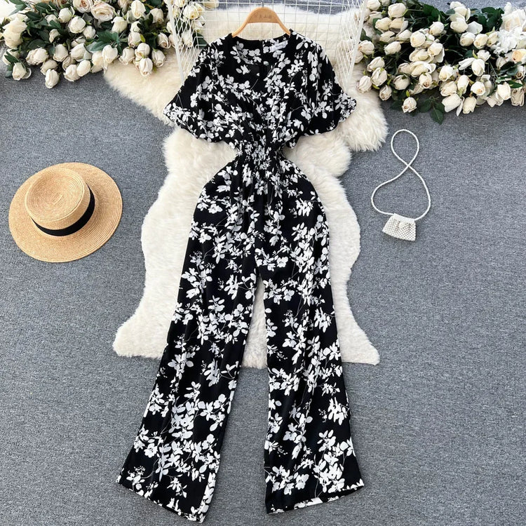 2026 New Summer Beach Summer Floral Jumpsuits Fashion V Neck Elastic Slim Short Sleeve Streetwear Vacation Retro Long Rompers