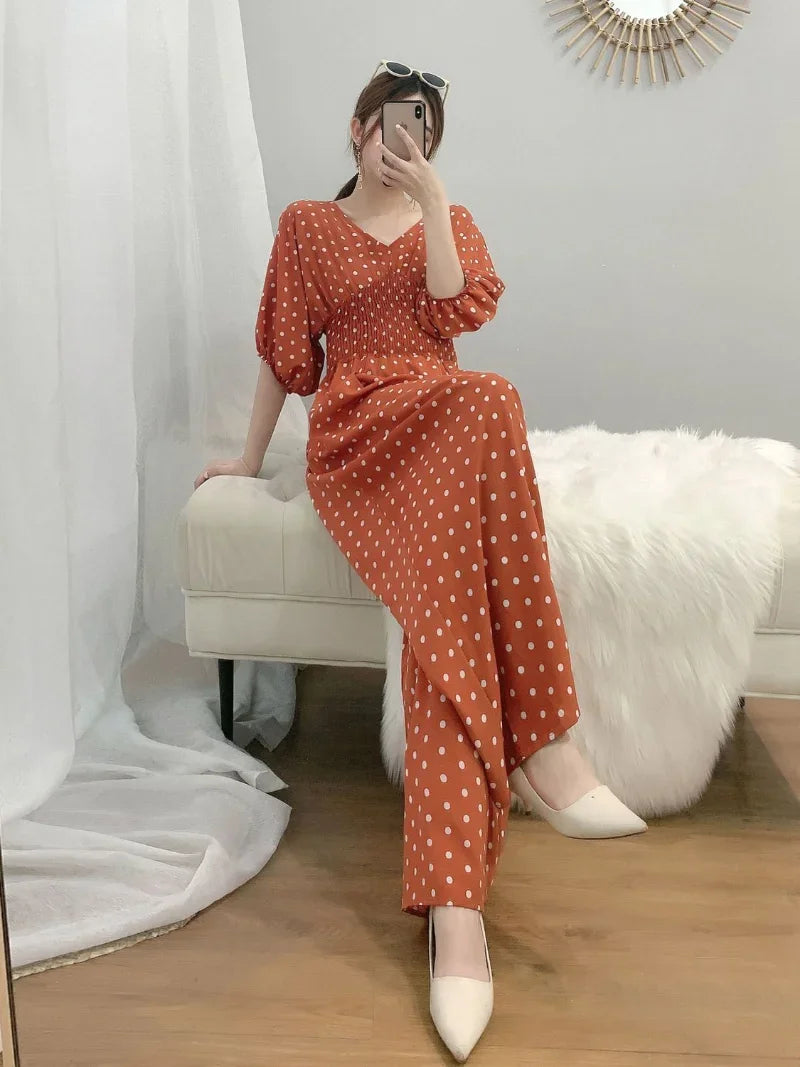 Jumpsuit Women Summer New Temperament Polka Dot V-neck High Waist Casual Wide Leg Jumpsuit Elegant Party One Piece Jumpsuits