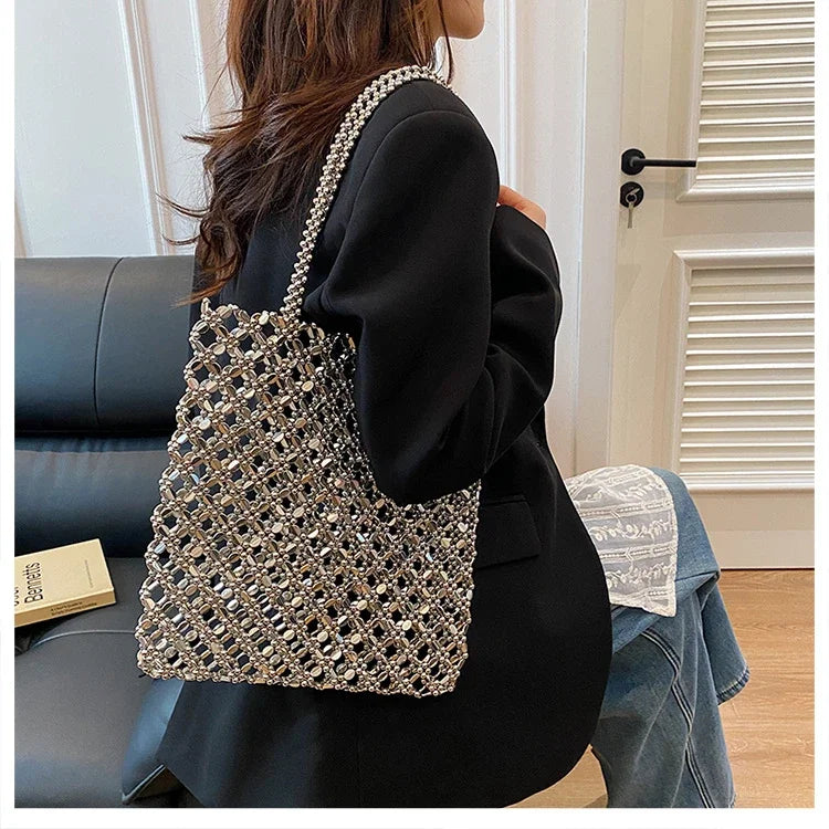 2026 Fashion Exquisite Bead Sense of Luxury Hollow Out Women‘s Handbags Hot Sale New No Zipper Acrylic Square Shoulder Bags