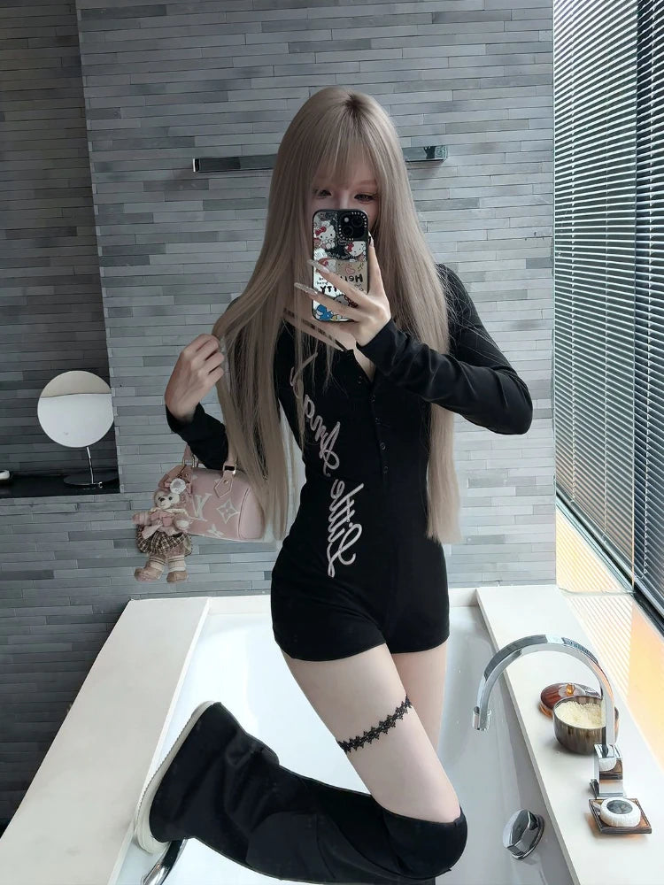 Pure Desire American Long Sleeved T-shirt Jumpsuit Slim Fit Letter Spicy Girl Sexy Sports Fitness Yoga Cycling Jumpsuit Shorts