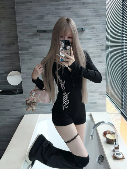 Pure Desire American Long Sleeved T-shirt Jumpsuit Slim Fit Letter Spicy Girl Sexy Sports Fitness Yoga Cycling Jumpsuit Shorts