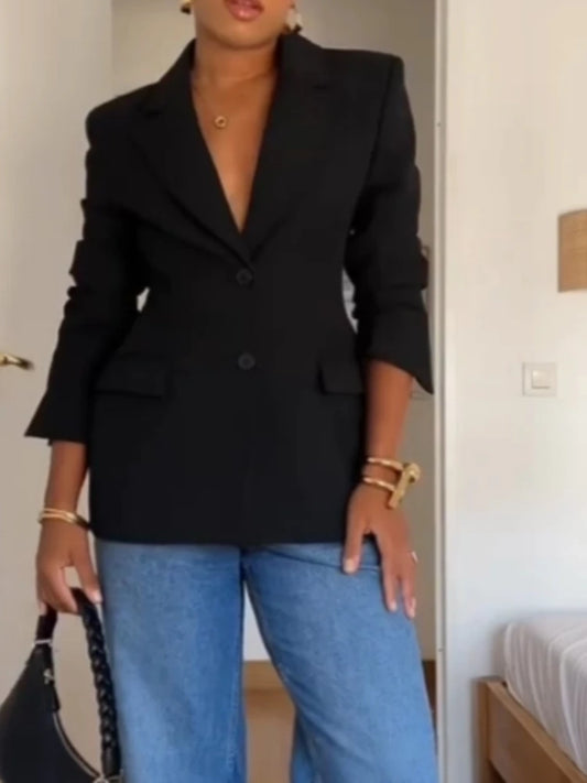Elegant Shoulder Pad Slim Suit Jackets Women Solid Lapel Long Sleeved Jacket Female 2025 Spring Chic Daily Style Outwears Tops