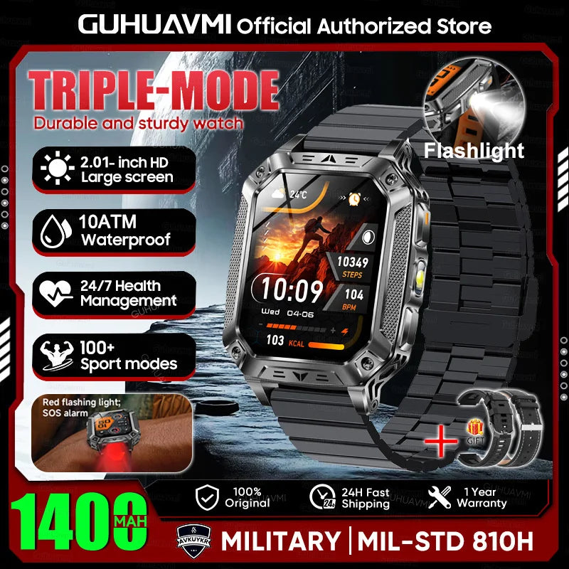 2026 New Military outdoor 1400mAh Battery SmartWatch Men Waterproof Call 2.01" HD AMOLED Sports Heart rate Flashlight Smart Band