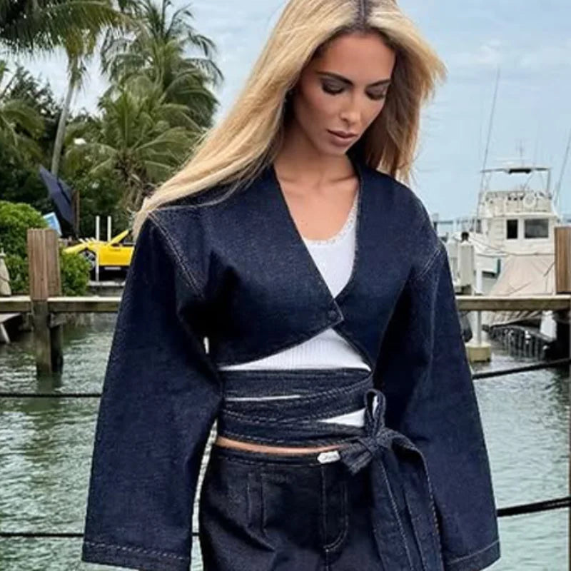 Street Lapel Cropped Coat Shorts Set Women's Solid Single Button Full Sleeve Jackets Ruffles Short Pants 2026 New Lady Outfits