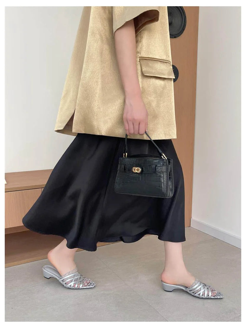 2026 Summer Luxury Fashion Designer Slippers Women Lace Mesh Square Toe Slip On Mule Slippers Low Heel Sandal Casual Shoes Muje