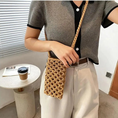 Hollow-out Woven Crochet Small Crossbody Phone Bag Women Fashion Solid Color Lightweight Braided Shoulder Handbag Crossbody Bags