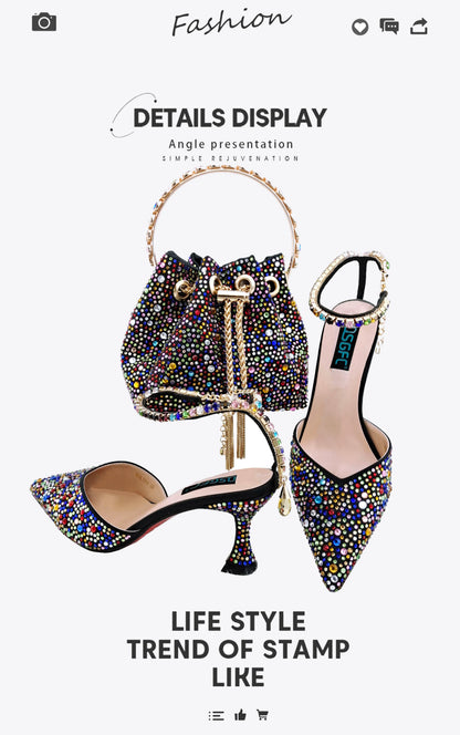 QSGFC Nigerian Popular Pointed Shoes And Bag Handle Soft Small Bag Anklet Design Mid-Heel Women's Shoes