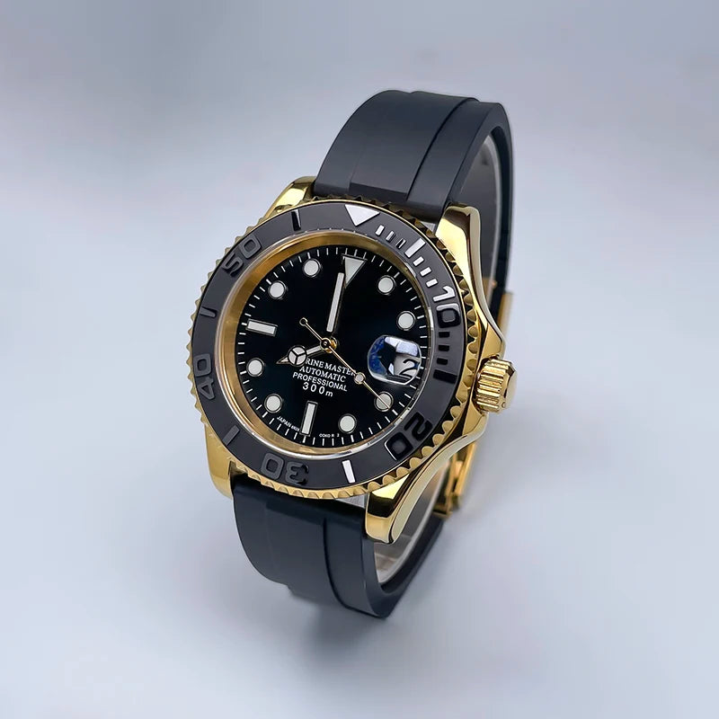 NH35 Automatic Watch Men 40MM Full Gold YM Ceramic Bezel Two-Way Rotating Sapphire Glass Luminous Luxury Rubber Strap for Man