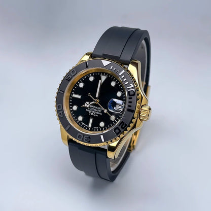 NH35 Automatic Watch Men 40MM Full Gold YM Ceramic Bezel Two-Way Rotating Sapphire Glass Luminous Luxury Rubber Strap for Man