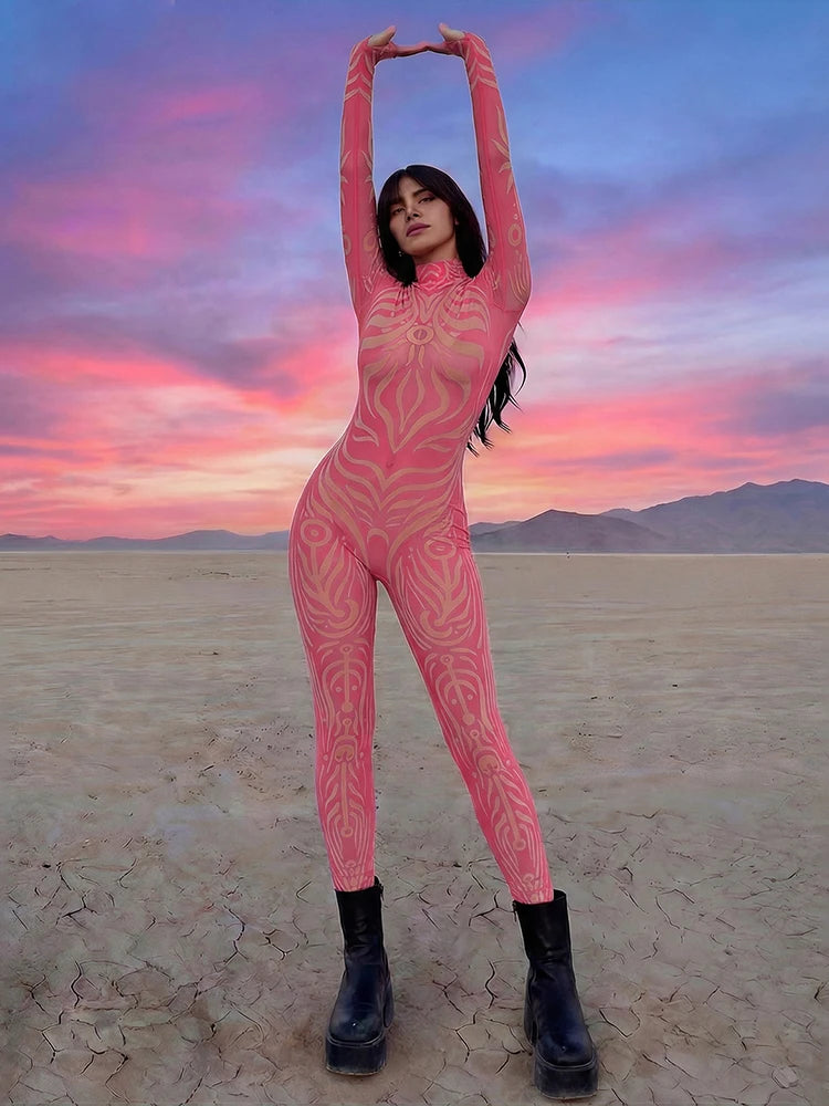 Weird Puss Sexy Striped Print Jumpsuits Women Wild Style Turtleneck Full Sleeve Midnight Party Club Stretch Streetwear Overalls