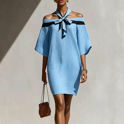 Elegant Temperament Women's Color Blocked Off Shoulder One Shoulder Summer Bow Collar Decorated With Bat Sleeves Mini Dress New