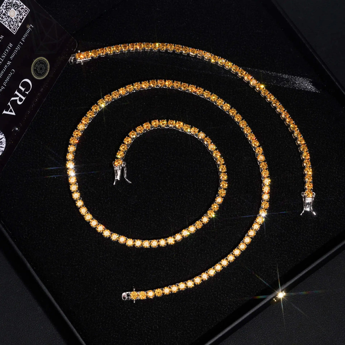 Hiphop 3-4mm Golden Yellow Moissanite Tennis Chain Bracelet Necklace S925 Silver Blue Moissanite Tennis Mecklace