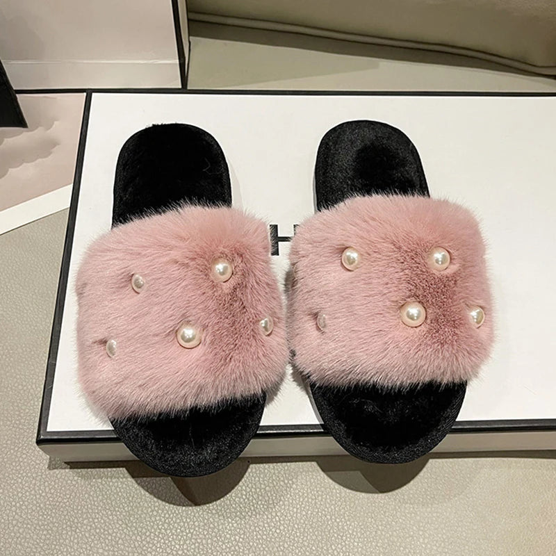 Perle Fluffy Slippers Home Winter Casual Designer Shoes Women 2025 New Luxury Indoor Plush Slides Girls Fashion Elegant Footwear