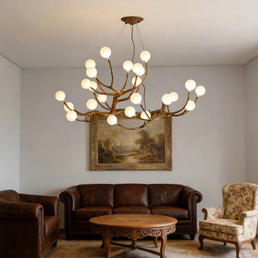 Retro Resin Tree Branch Chandeliers Frosted Glass Bubble LED Pendant Lamp for Living Dining Room Home Decor suspension luminaire